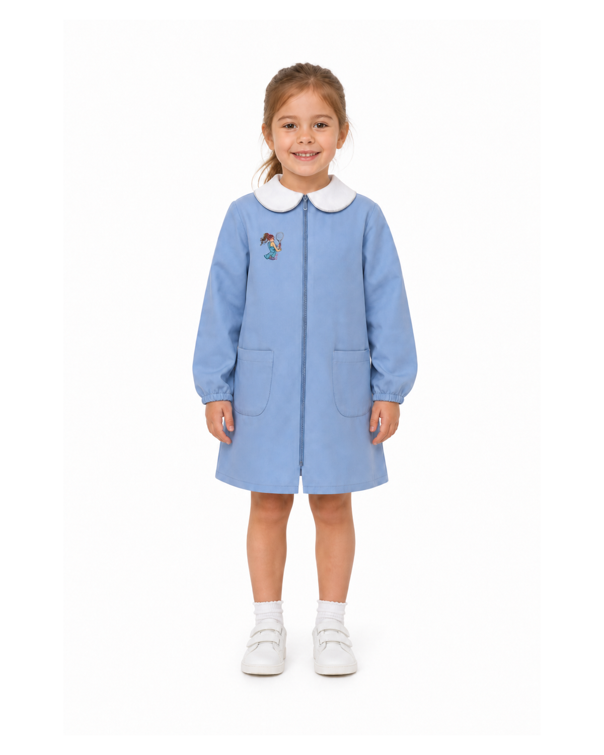 Grembiule scuola elementare celeste bambina con zip Siggi Made in Italy ricamo Tennis 4219