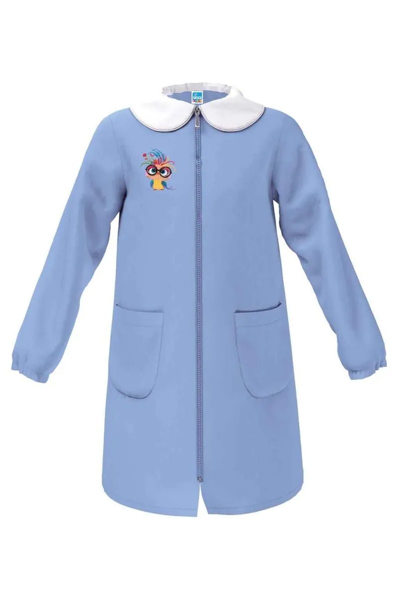 Grembiule scuola elementare celeste bambina con zip Siggi Made in Italy ricamo Uccellino Arcobaleno 4373