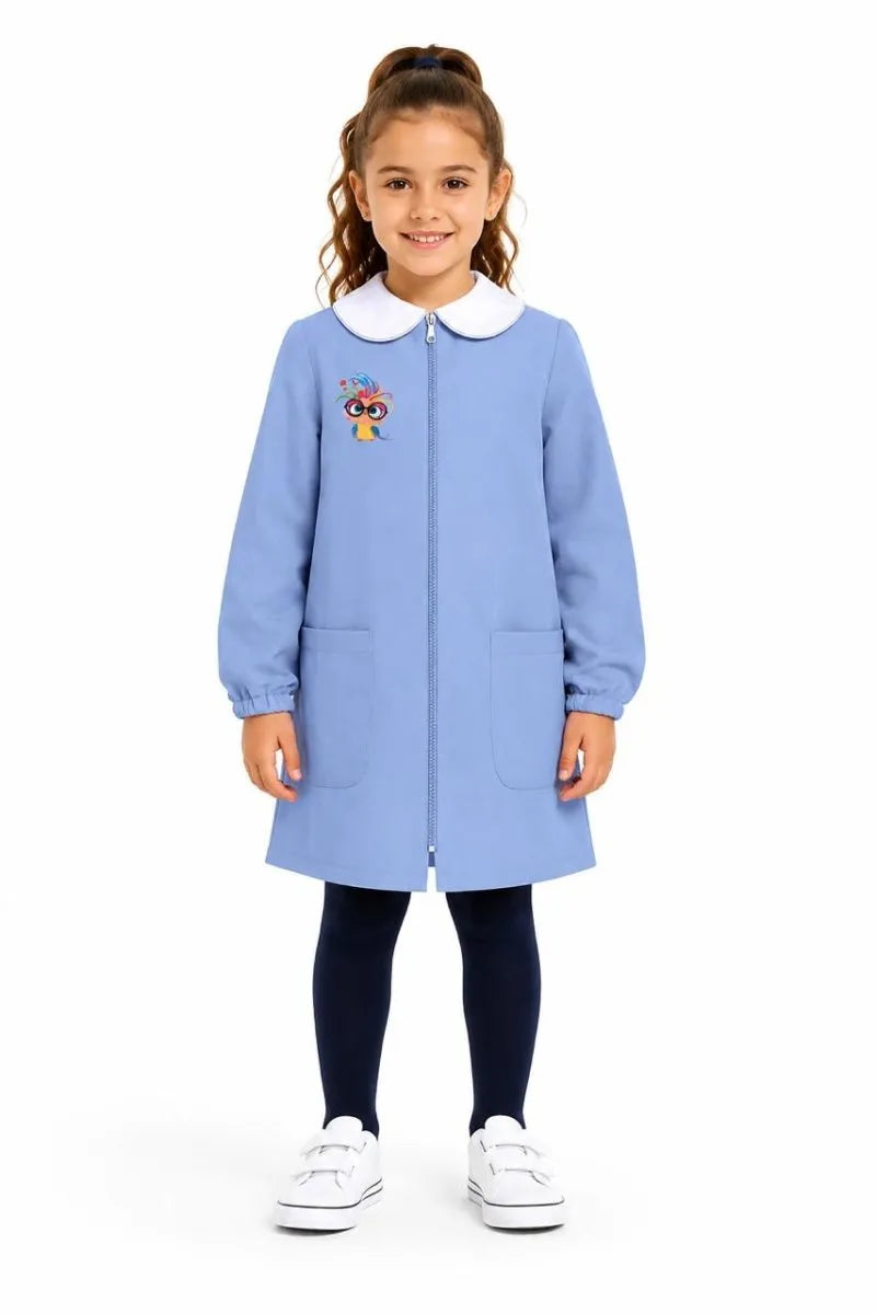 Grembiule scuola elementare celeste bambina con zip Siggi Made in Italy ricamo Uccellino Arcobaleno 4373