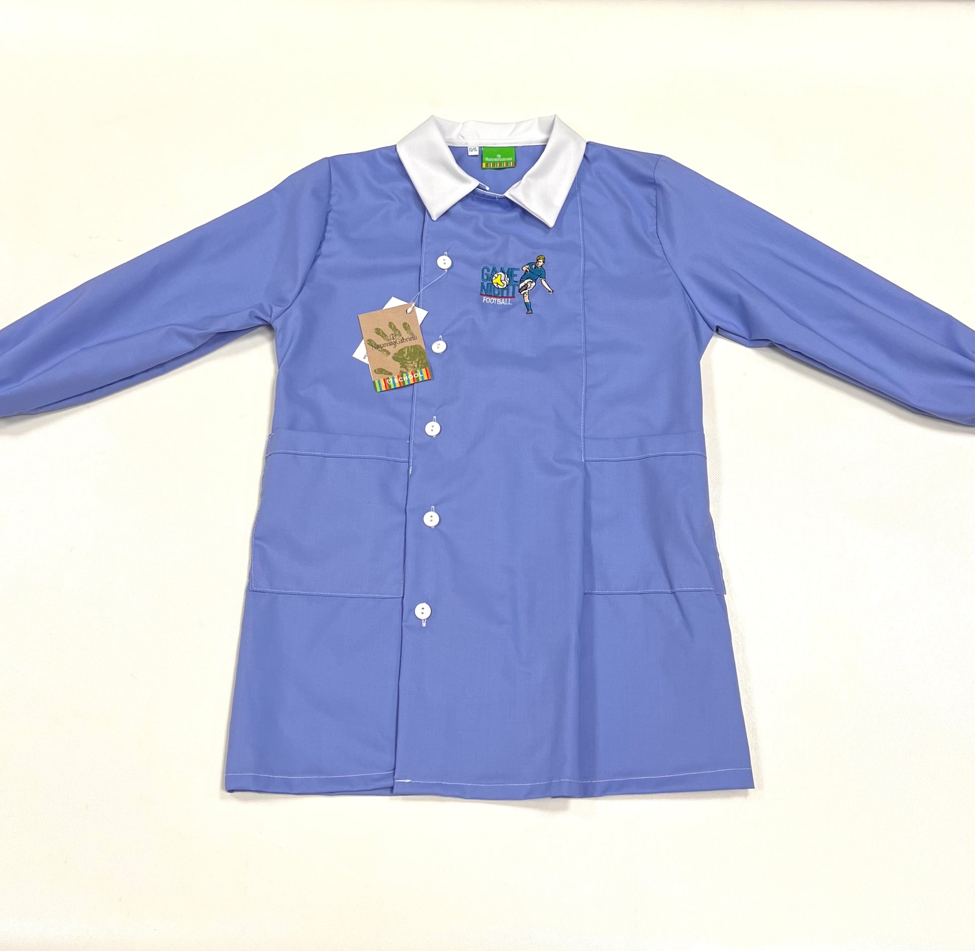 Grembiule scuola elementare celeste bambino Nazareno Gabrielli Made in Italy ricamo Football 0803