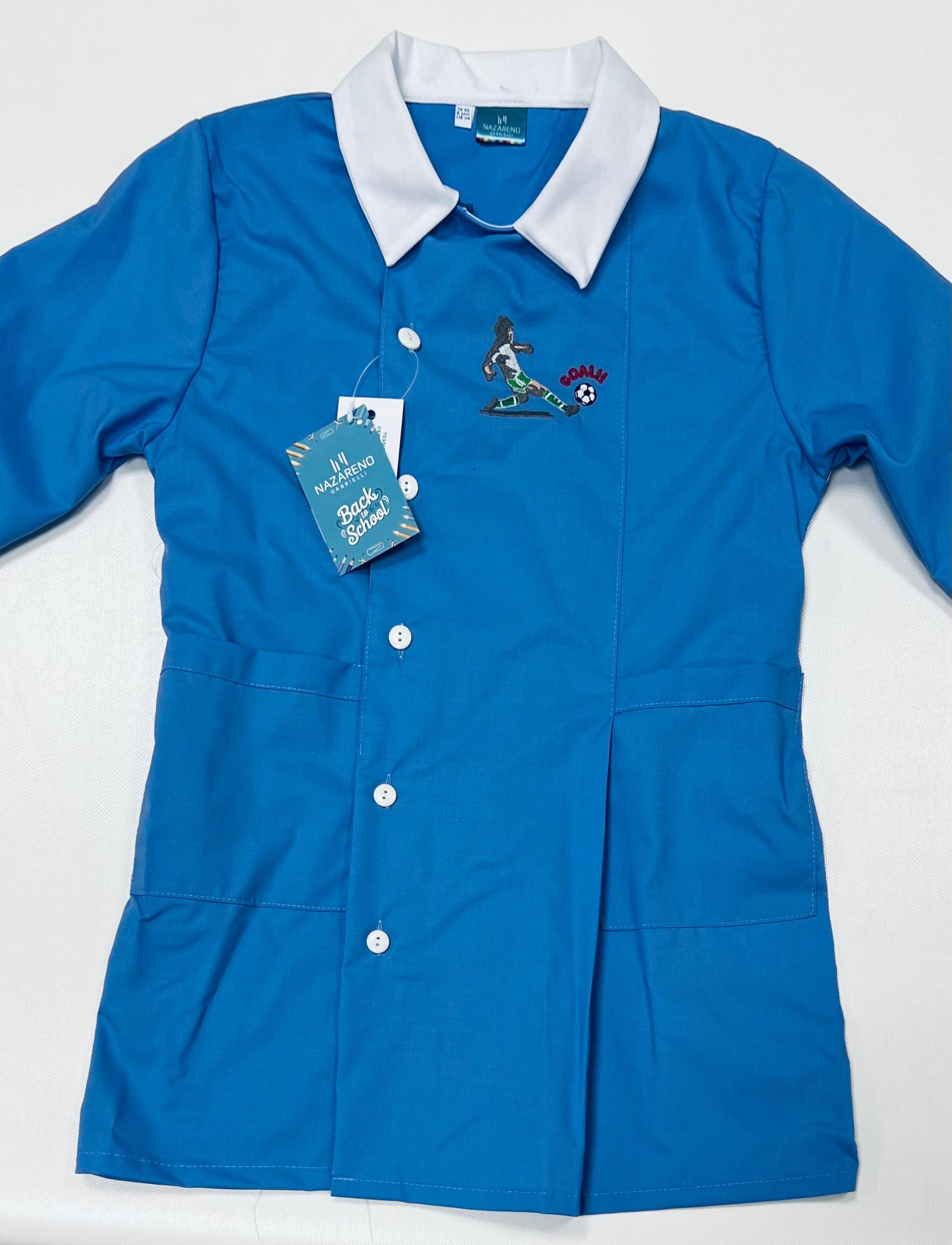 Grembiule scuola elementare celeste bambino Nazareno Gabrielli Made in Italy ricamo Goal 0803