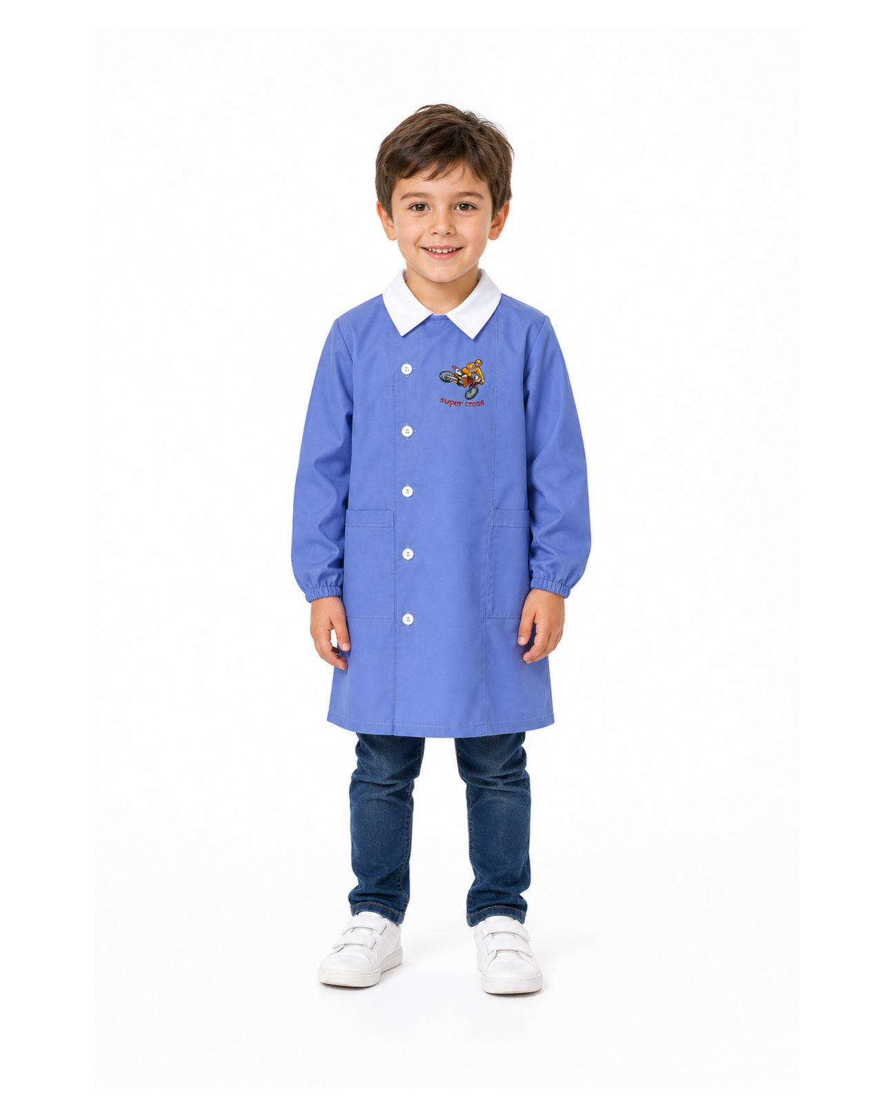 Grembiule scuola elementare celeste bambino Nazareno Gabrielli Made in Italy ricamo Super Cross 0804