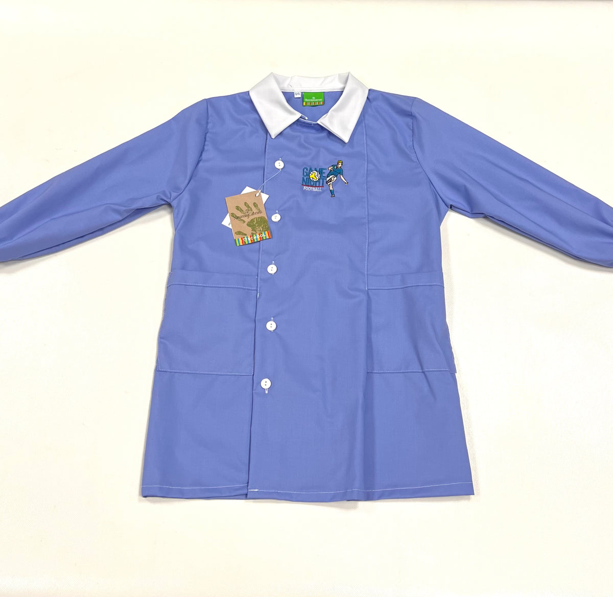 Grembiule scuola elementare celeste bambino Nazareno Gabrielli Made in Italy ricamo Football 0803