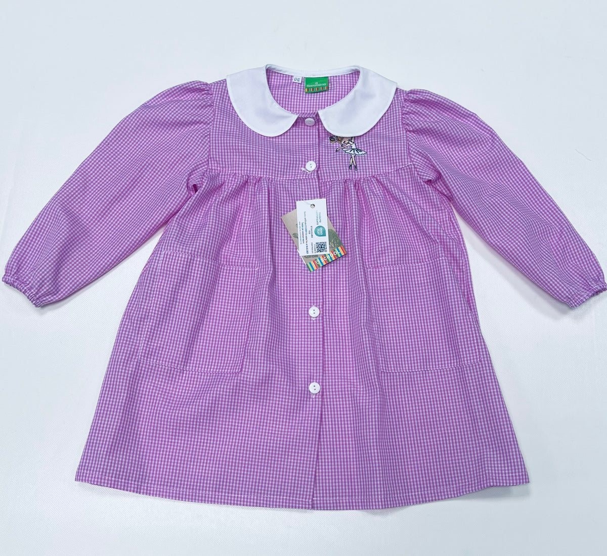 Grembiule asilo bambina quadretti rosa con abbottonatura centrale Nazareno Gabrielli ricamo Ballerina 0742