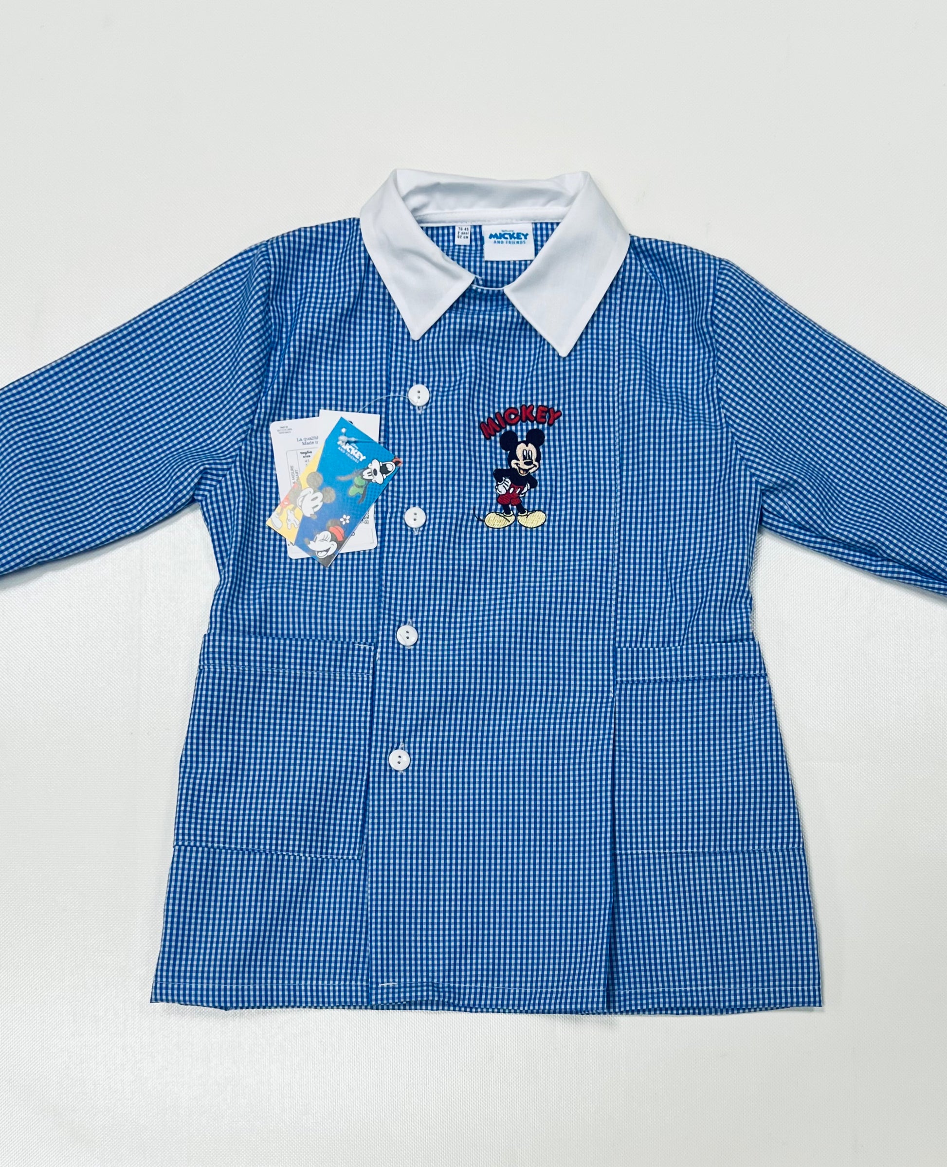 Grembiule quadretti azzurri asilo bambino con abbottonatura laterale Disney Mickey G302
