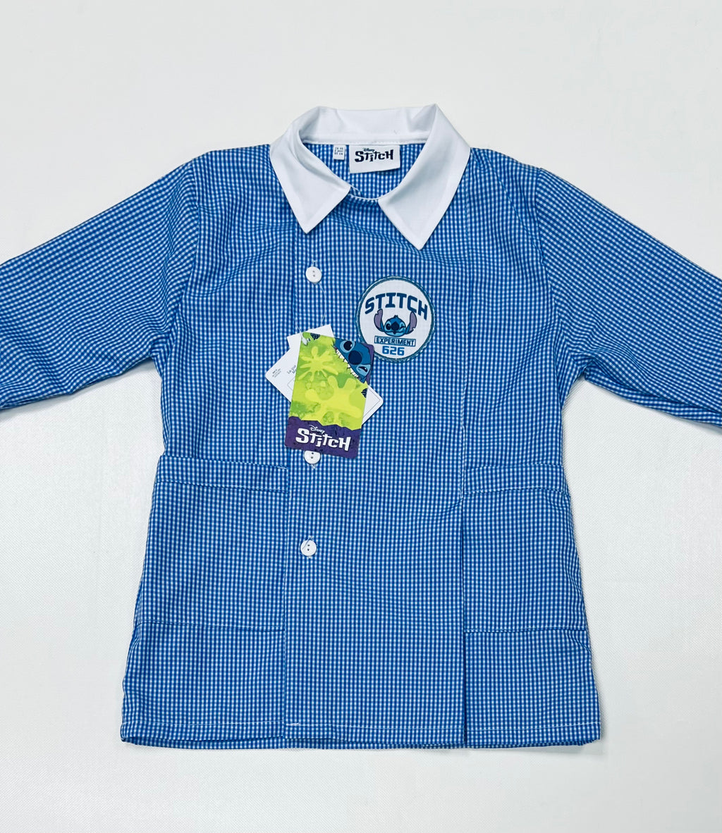 Grembiule quadretti azzurri asilo bambino con abbottonatura laterale Disney Stitch G307