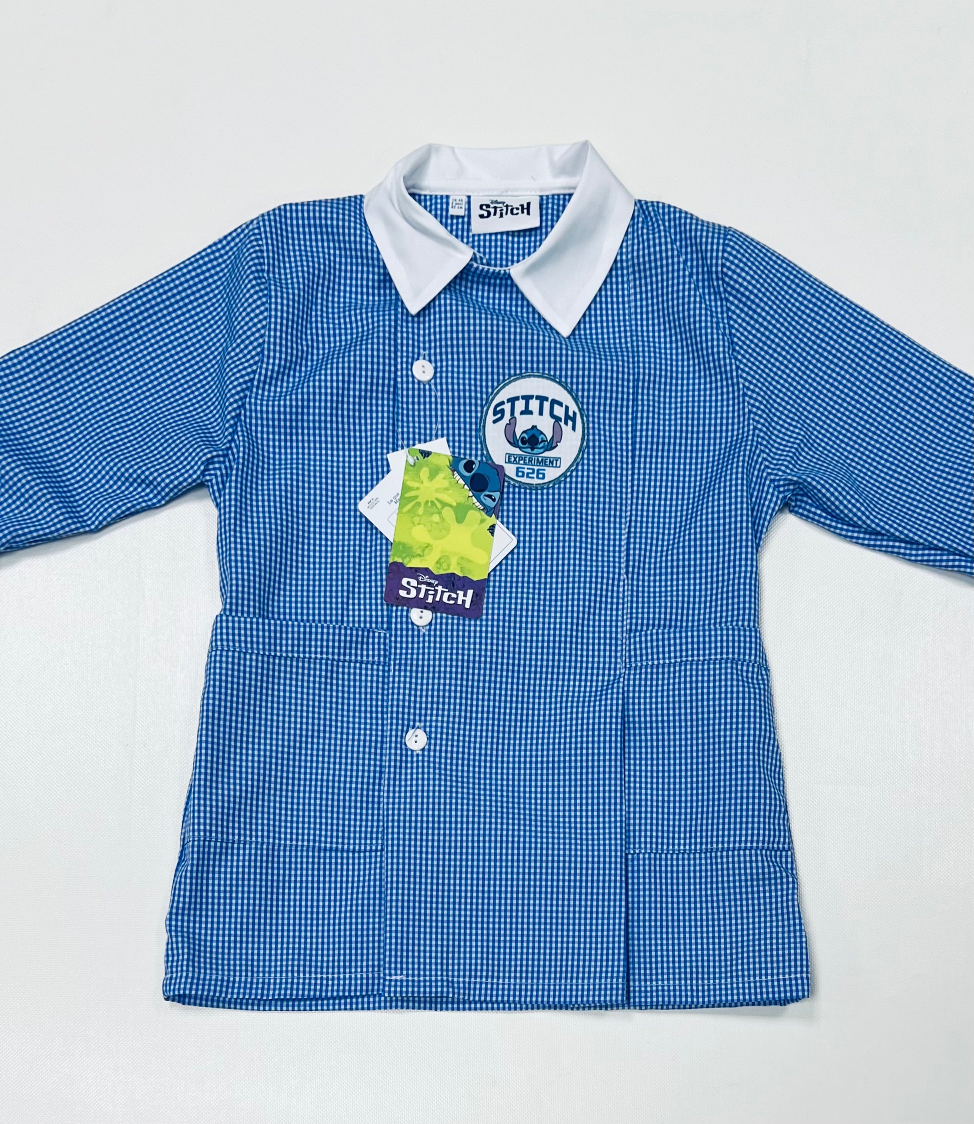 Grembiule quadretti azzurri asilo bambino con abbottonatura laterale Disney Stitch G307