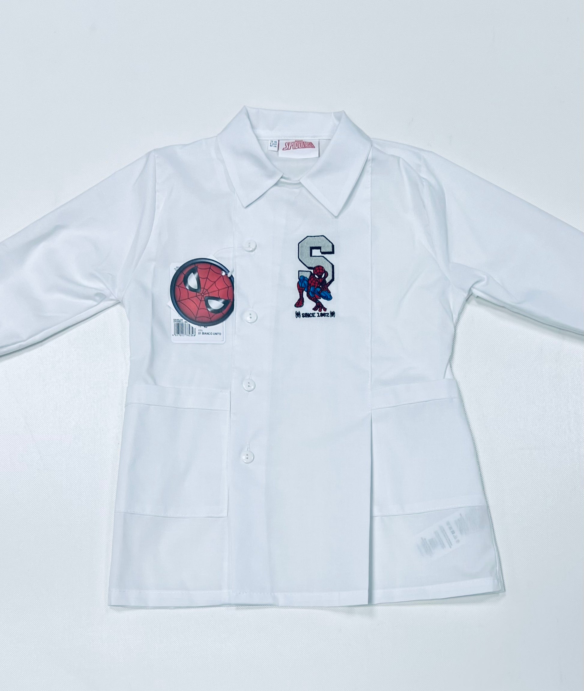 Grembiule bianco asilo bambino con abbottonatura laterale ricamo Marvel Spiderman G305