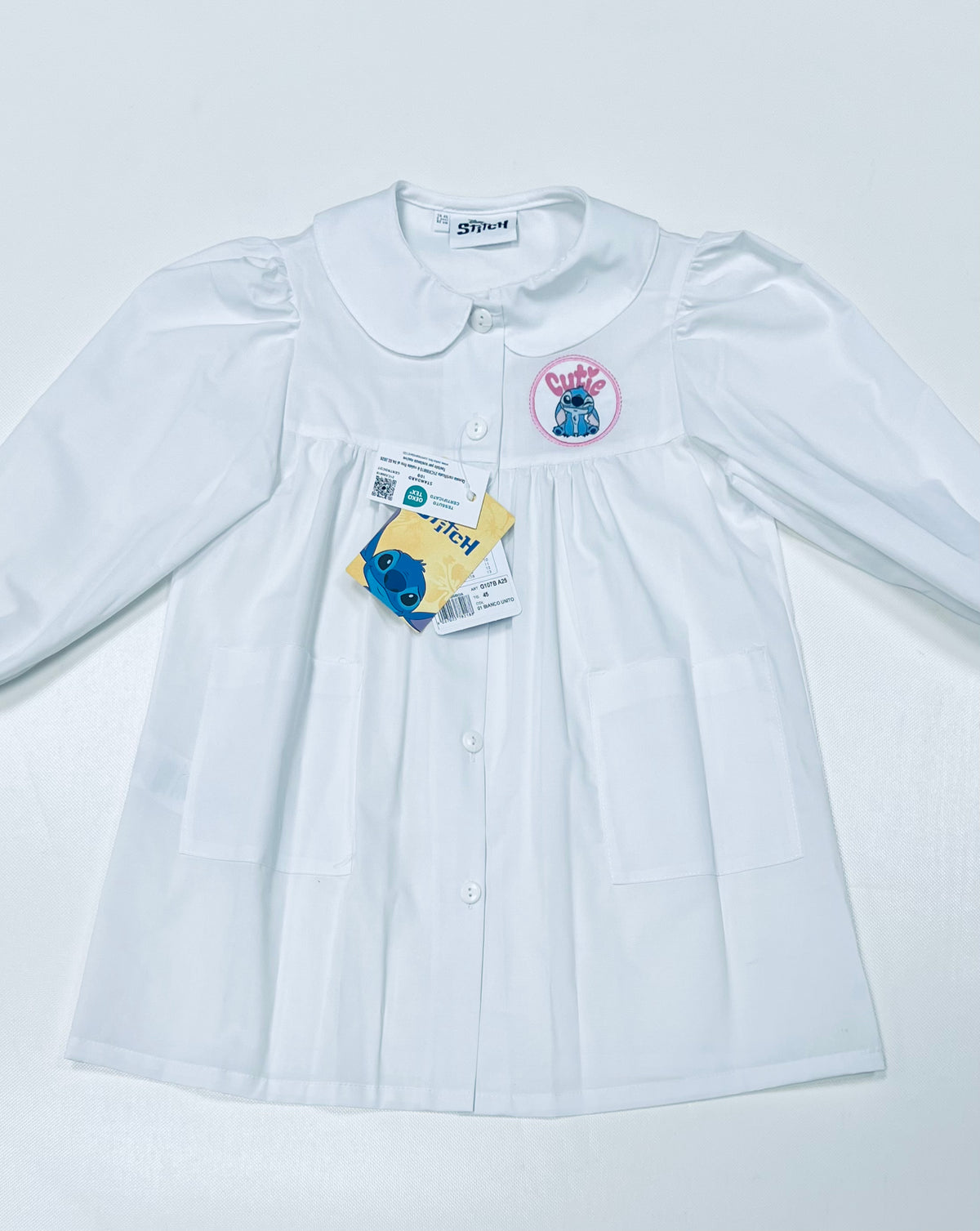 Grembiule asilo bianco bambina made in Italy con abbottonatura centrale Disney ricamo Stitch G107