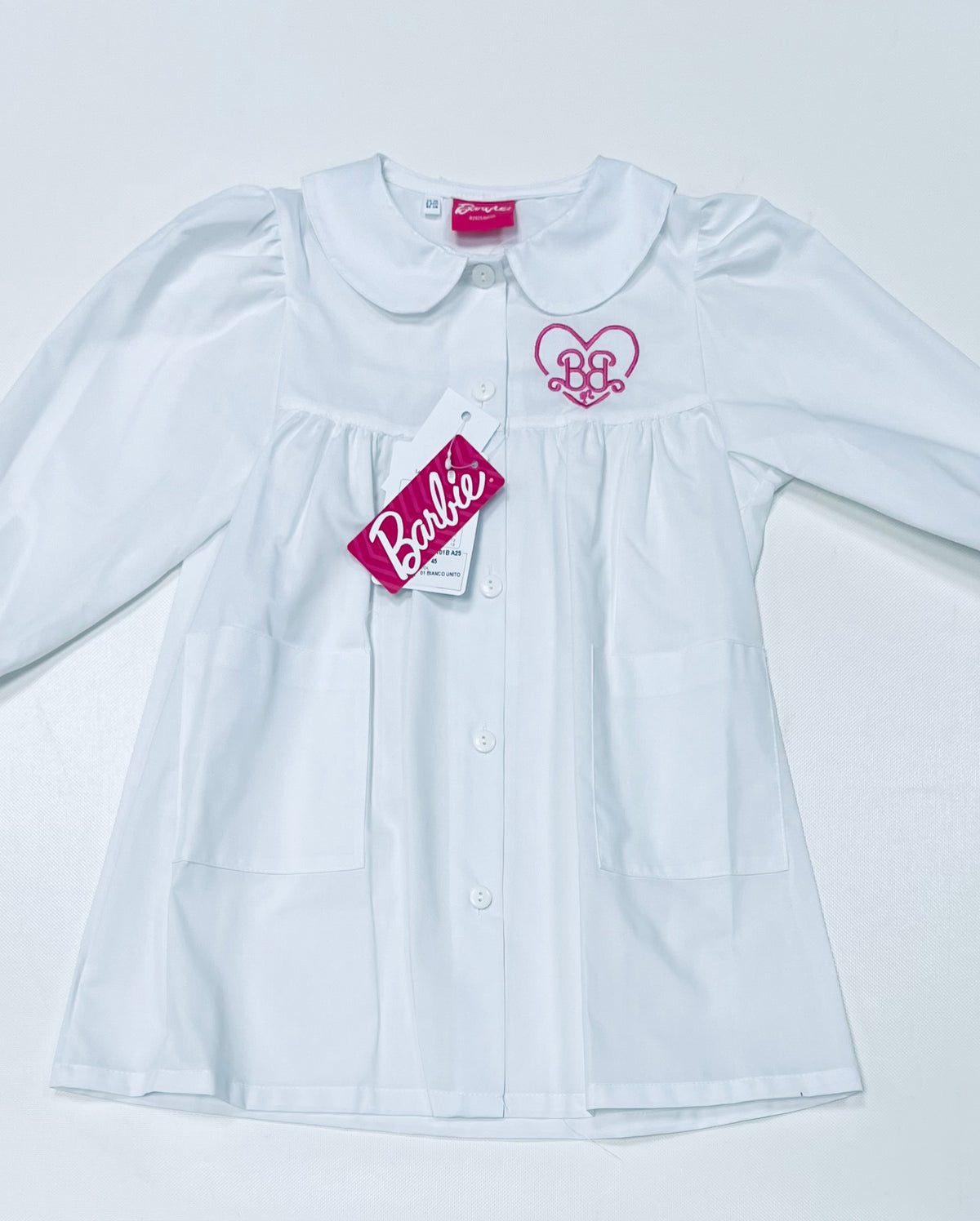 Grembiule asilo bianco bambina made in Italy con abbottonatura centrale Disney ricamo Barbie G101