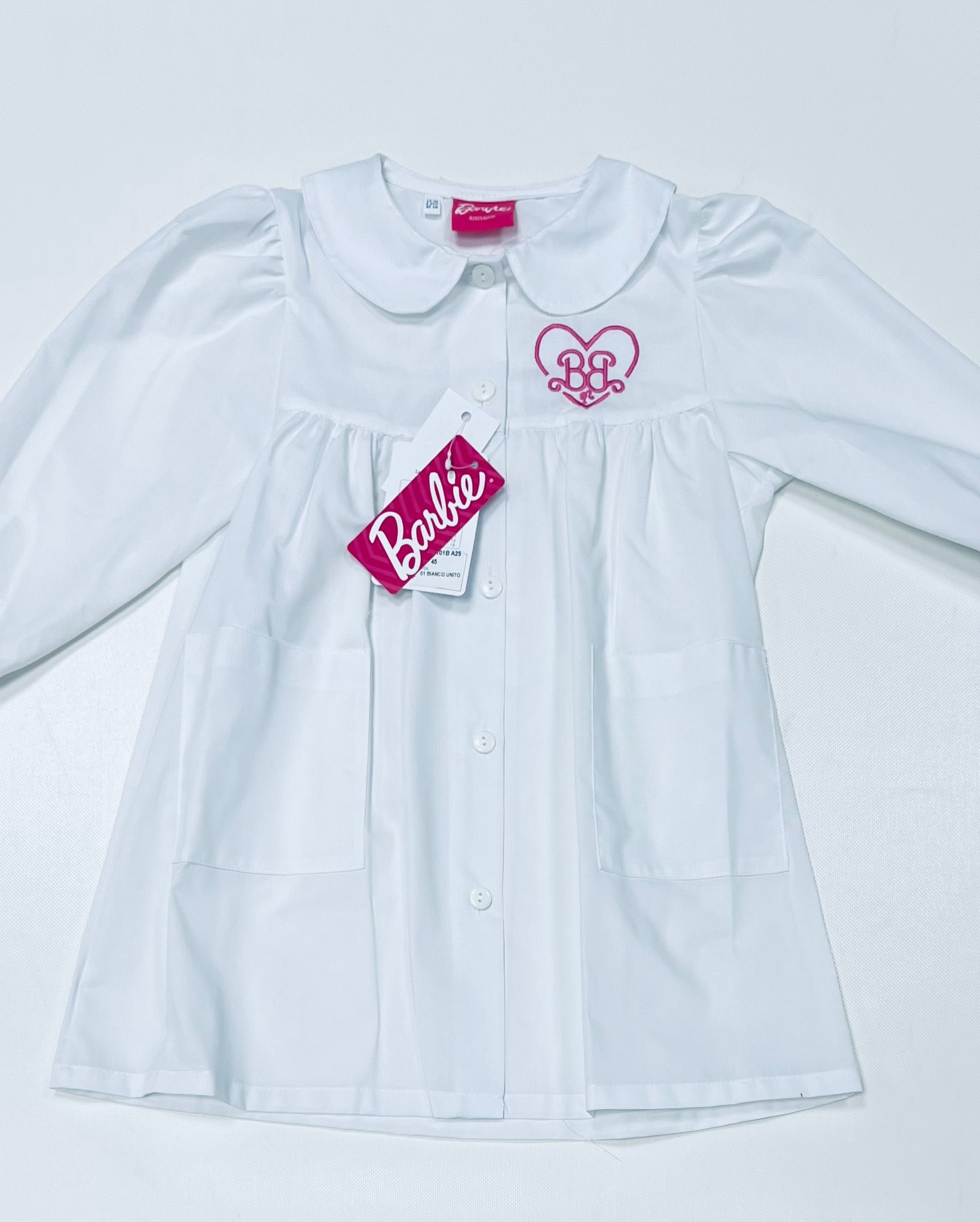 Grembiule asilo bianco bambina made in Italy con abbottonatura centrale Disney ricamo Barbie G101