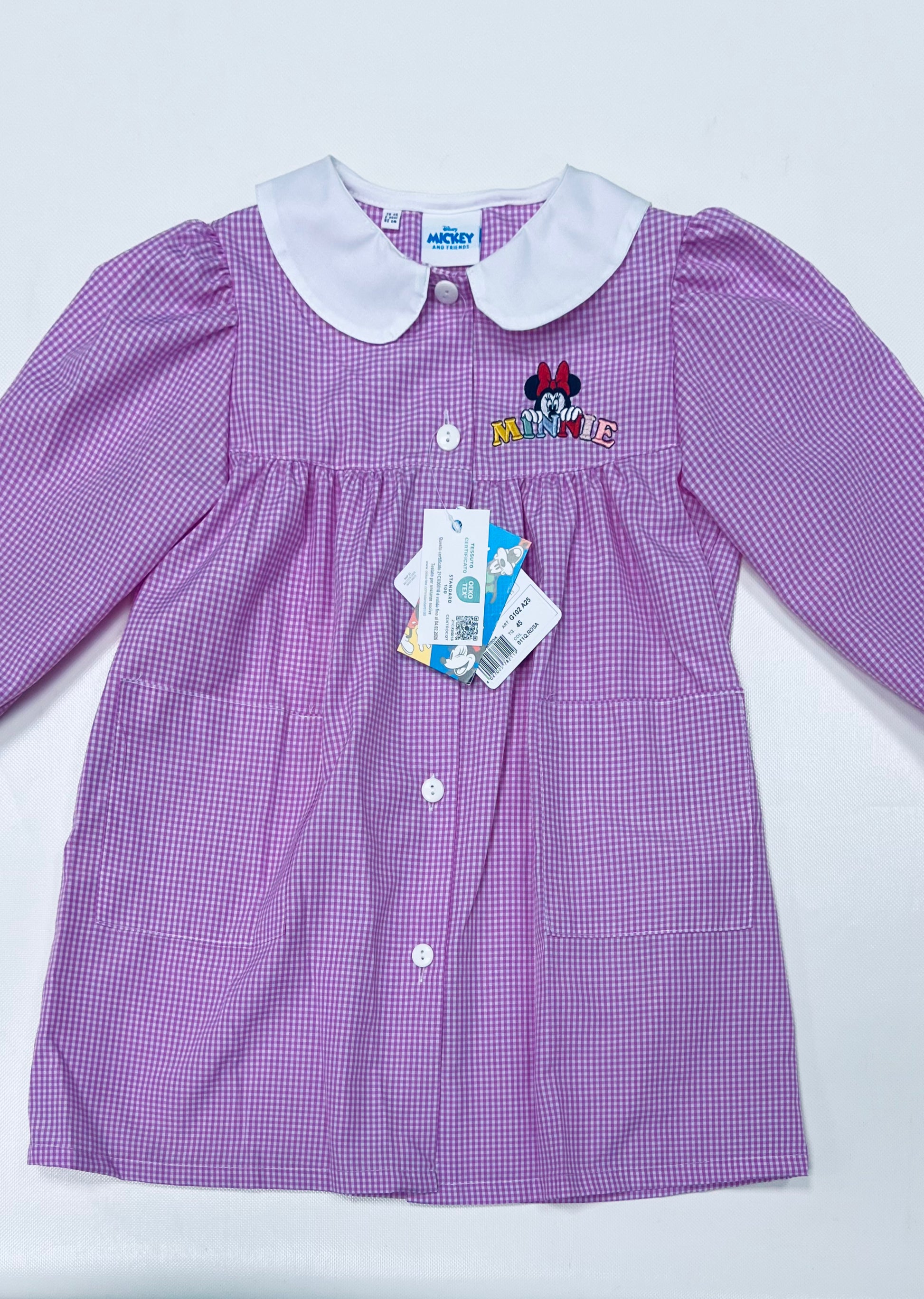 Grembiule asilo quadretti rosa bambina made in Italy con abbottonatura centrale Disney ricamo Minnie G102