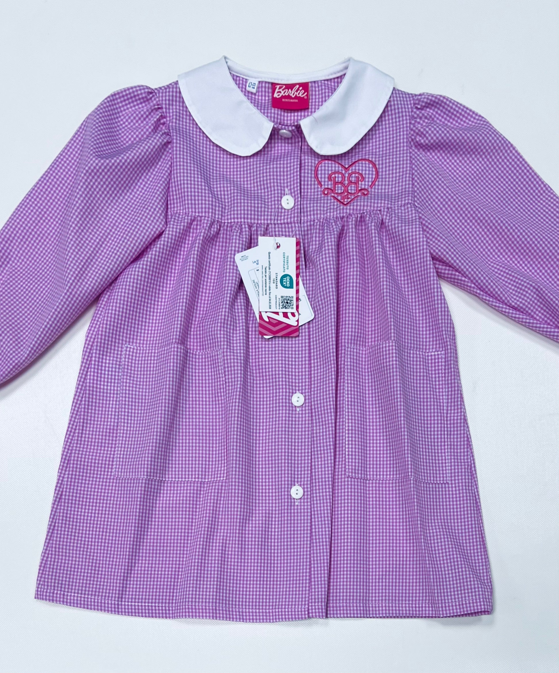 Grembiule asilo quadretti rosa bambina made in Italy con abbottonatura centrale Disney ricamo Barbie G101