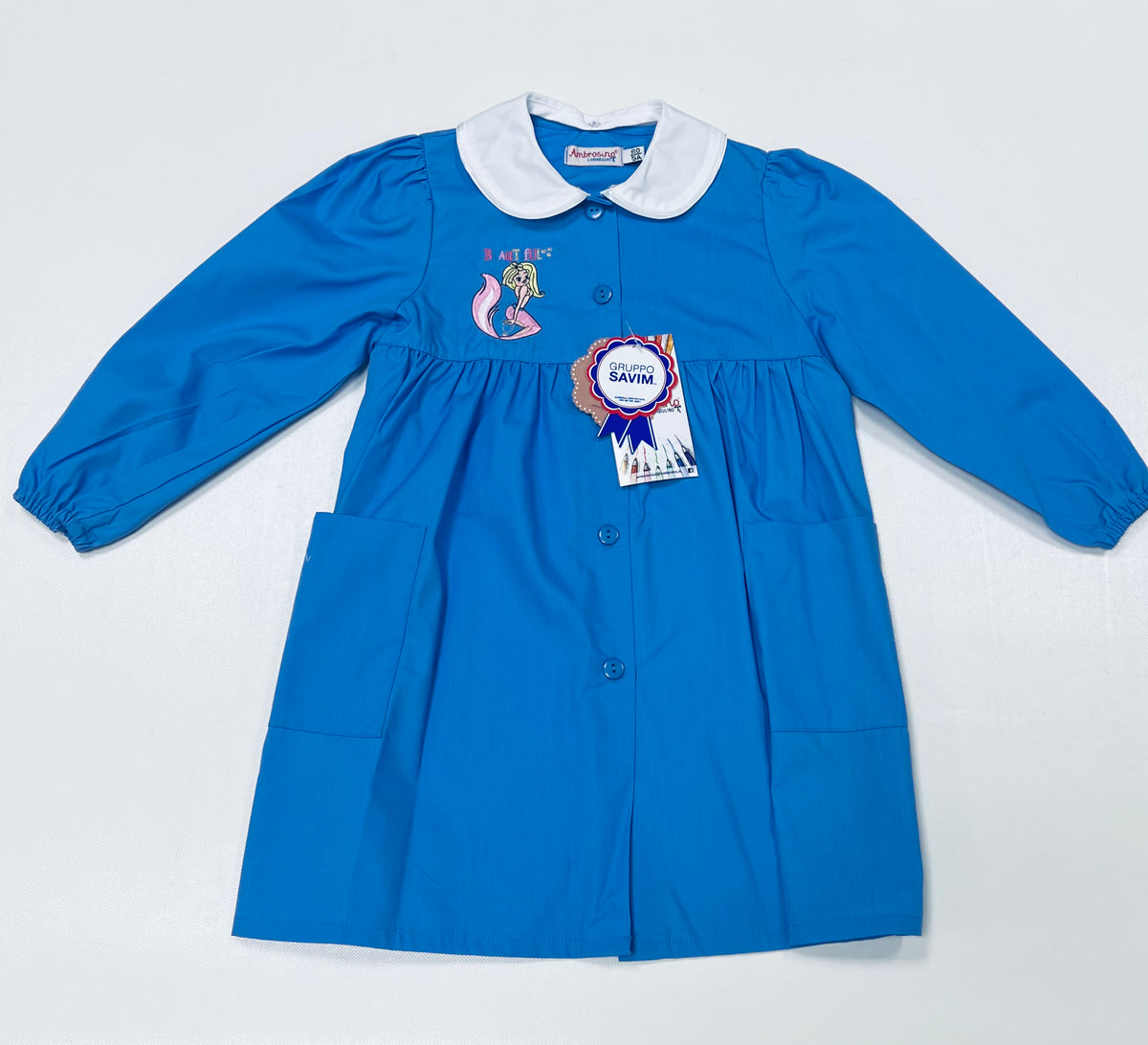 Grembiule scuola elementare bambina celeste Ambrosino Made in Italy ricamo Beautiful Q101