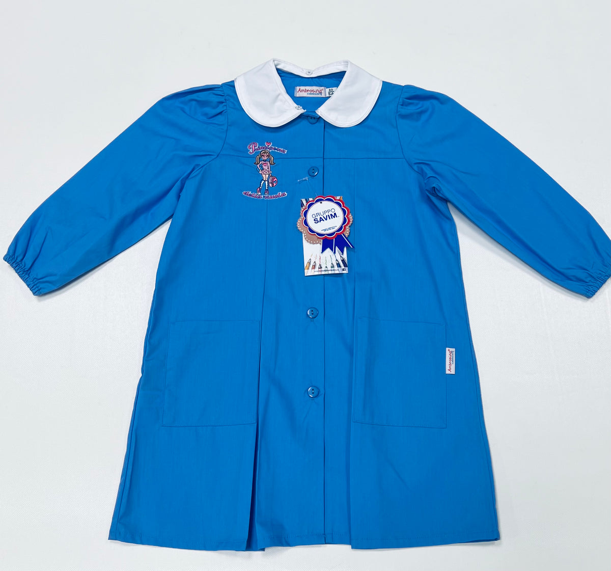 Grembiule scuola elementare bambina celeste Ambrosino Made in Italy ricamo Principessa della scuola Q106