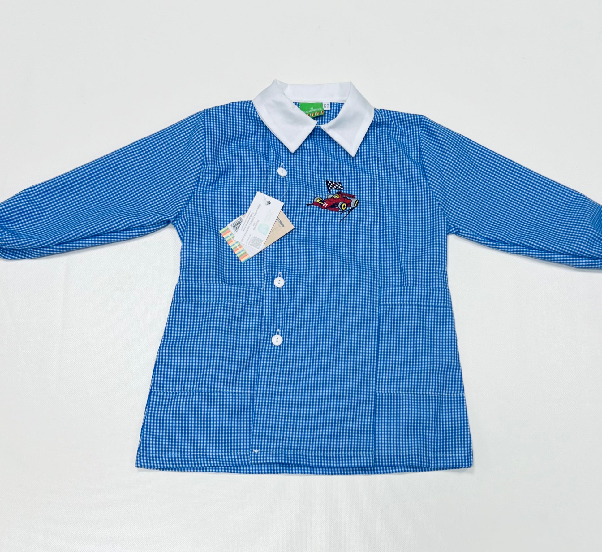 Grembiule quadretti azzurri asilo bambino con abbottonatura laterale Nazareno Gabrielli ricamo Formula1 0701