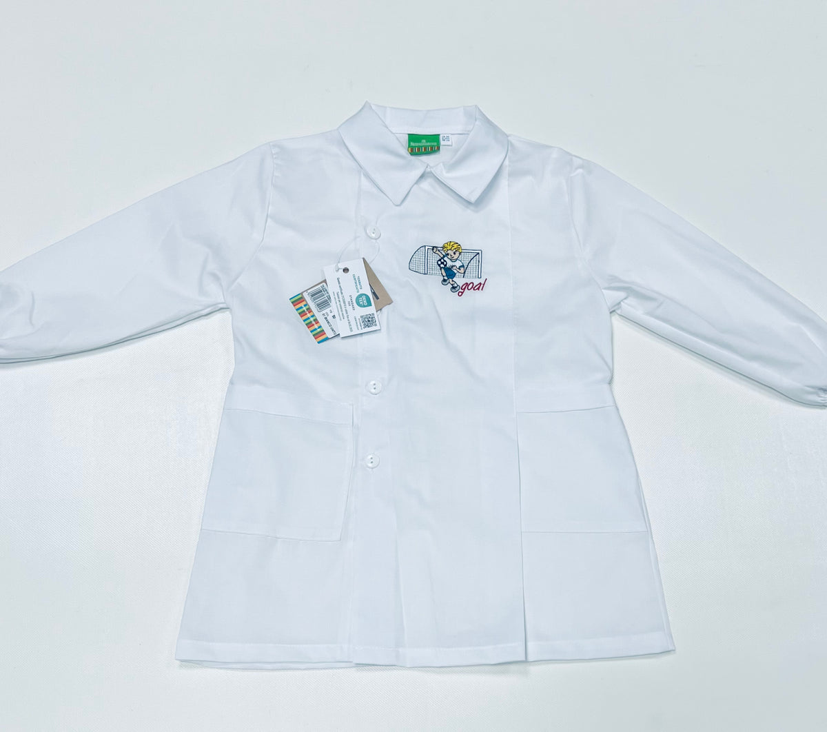 Grembiule Bianco asilo bambino con abbottonatura laterale Nazareno Gabrielli ricamo Goal 0702