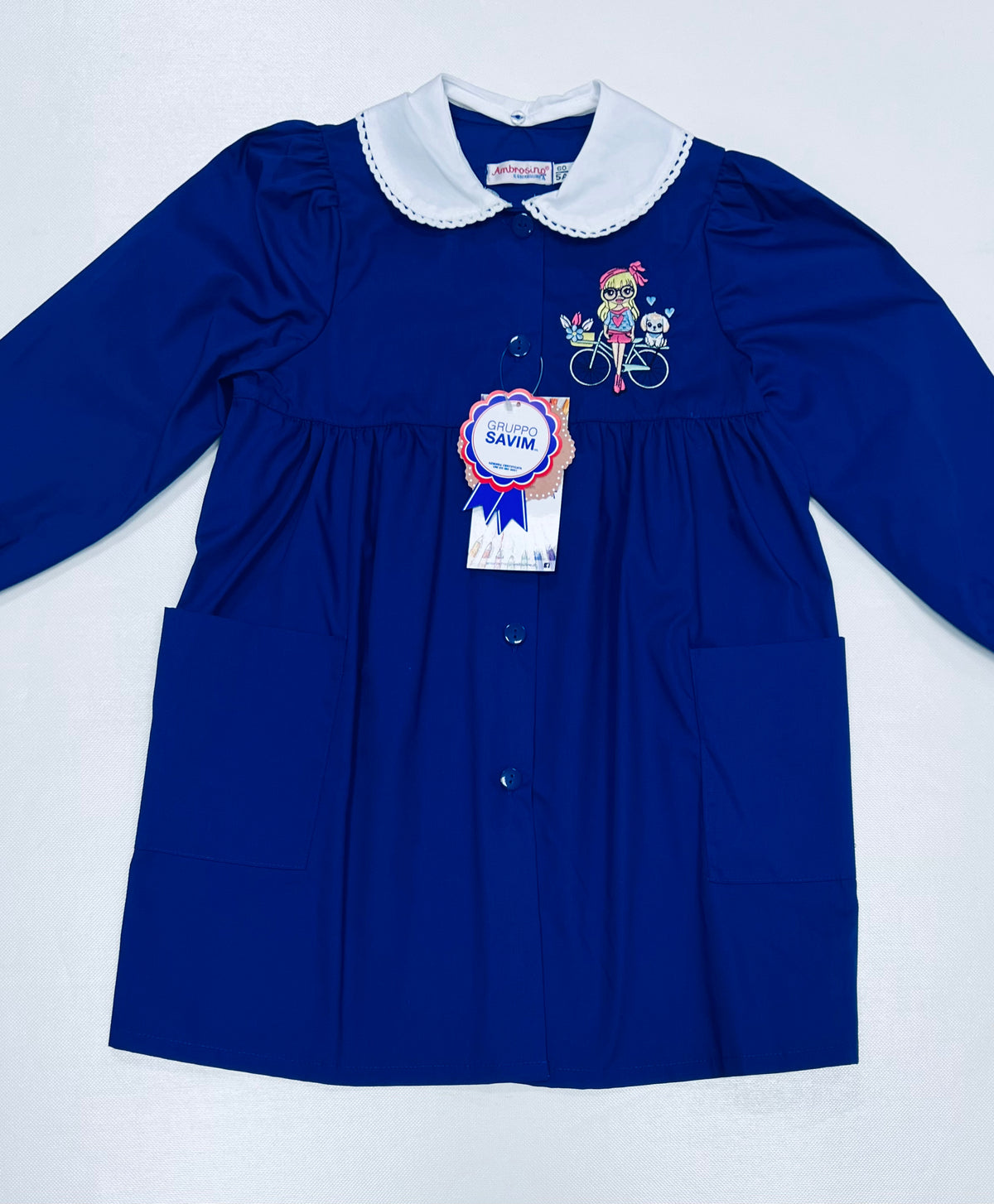 Grembiule scuola elementare bambina Ambrosino Made in Italy ricamo Bici R103