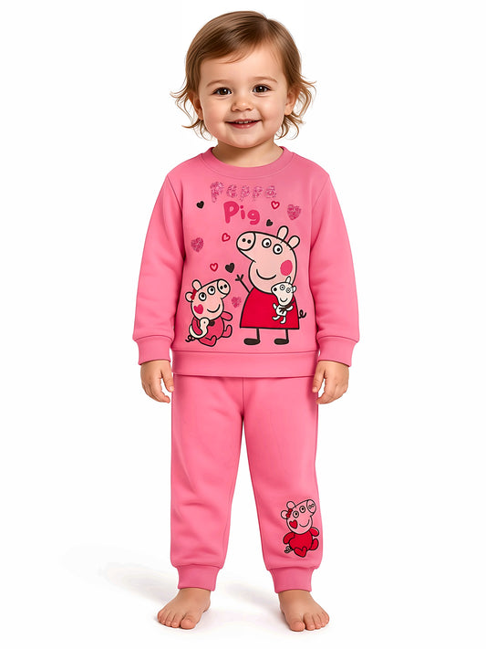 Pigiama caldo cotone Peppa Pig interlock neonata bambina PP32U0231 colore Rosa Medio indossato, vista anteriore, sfondo bianco.