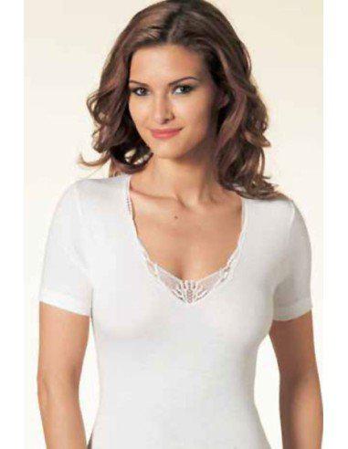 Maglia mezza manica donna Nottingham in lana e cotone con pizzo TM16W