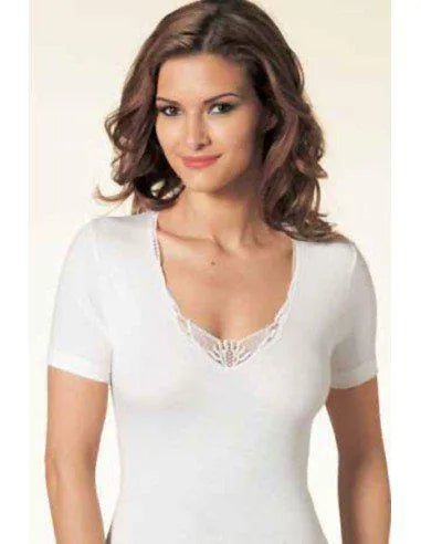 Maglia mezza manica donna Nottingham in lana e cotone con pizzo TM16W