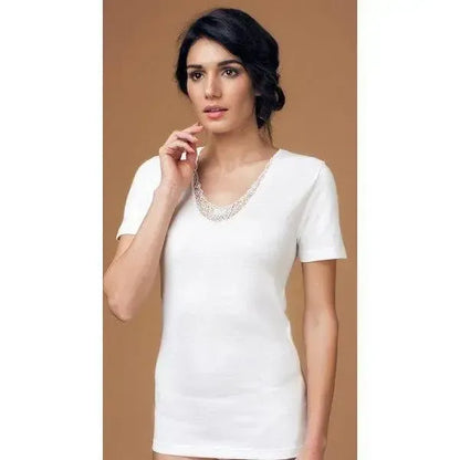 Maglia mezza manica donna Nottingham in lana e cotone con pizzo TM16W