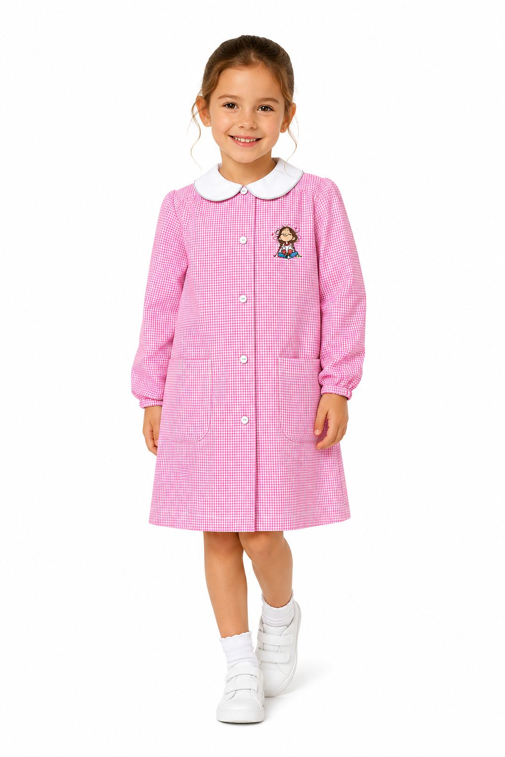 Grembiule asilo bambina con abbottonatura centrale Siggi ricamo Bambina con treccine quadretti rosa 4333