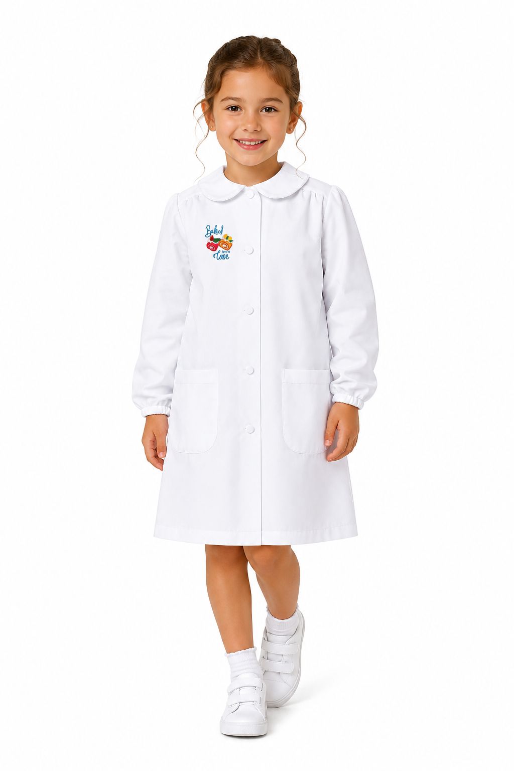 Grembiule asilo bambina Bianco con abbottonatura centrale Siggi ricamo Baked With Love 4334