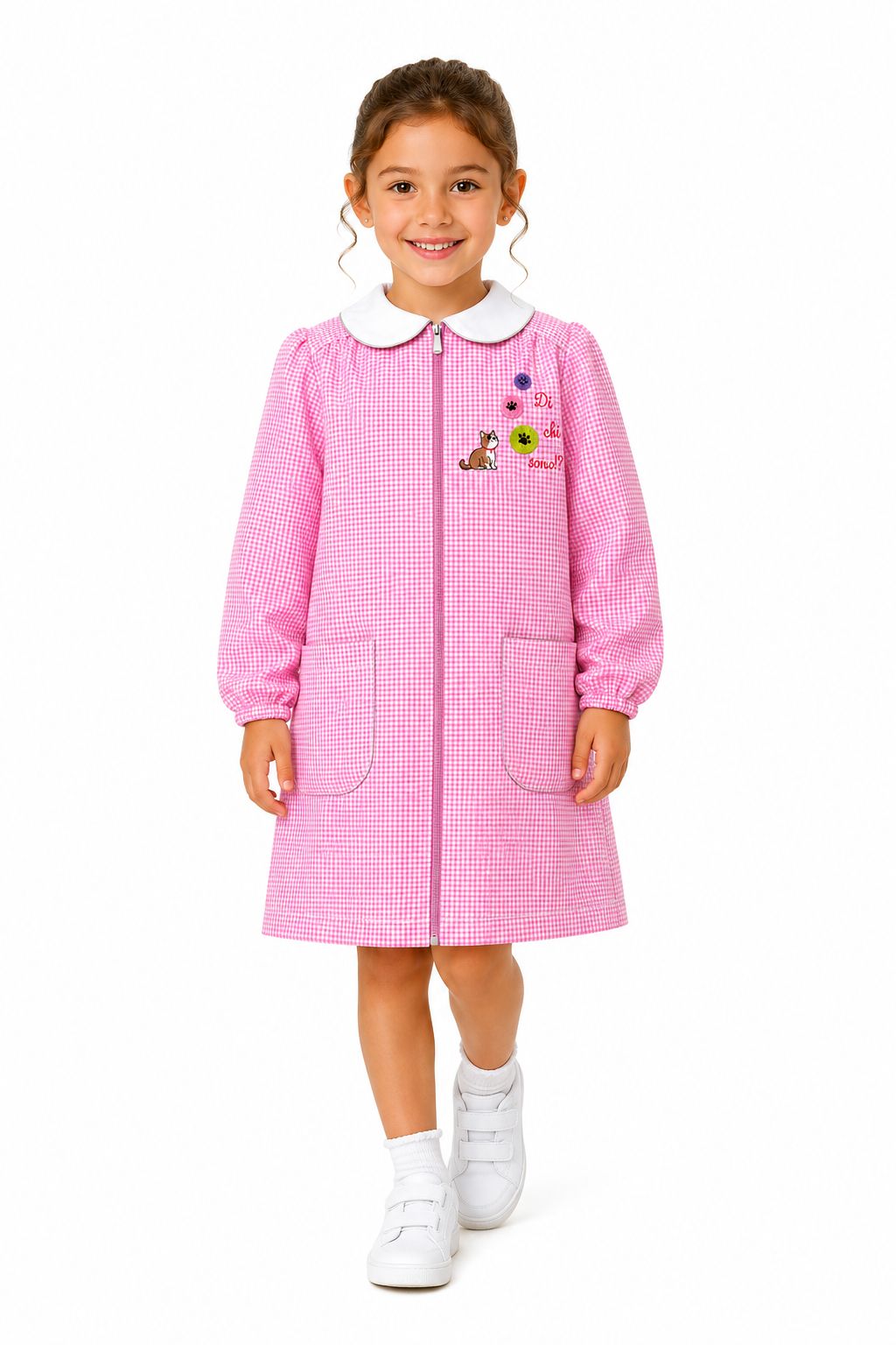 Grembiule asilo bambina Quadretti Rosa con zip centrale Siggi ricamo Gattino 4338