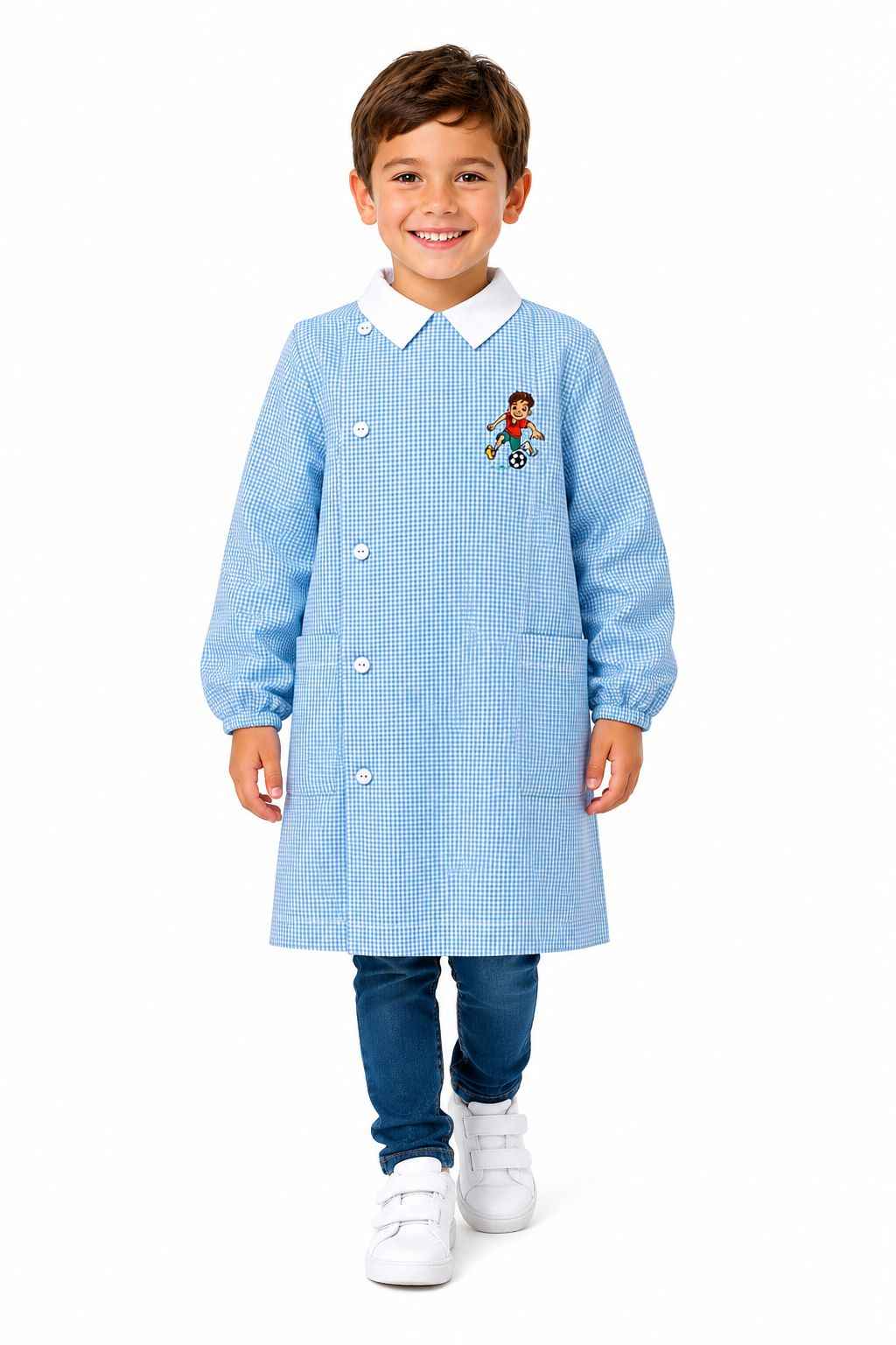 Grembiule Quadretti Azzurri asilo bambino con abbottonatura laterale Siggi ricamo Calcio 4344