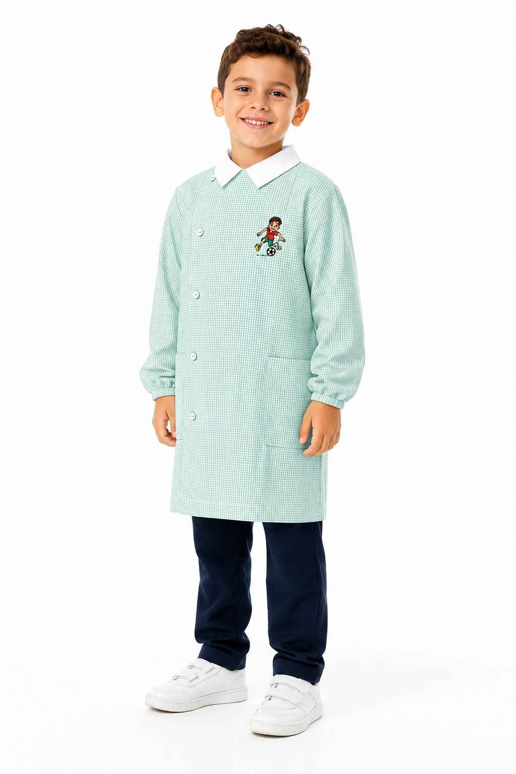 Grembiule quadretto verde asilo bambino con abbottonatura laterale Siggi ricamo Calcio 4344