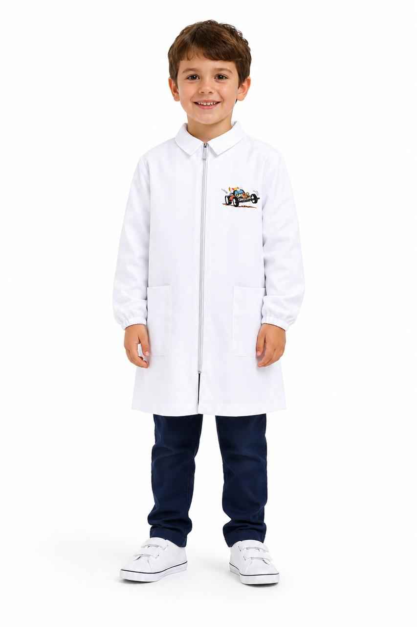 Grembiule bianco asilo bambino con zip Siggi ricamo Racer 4357