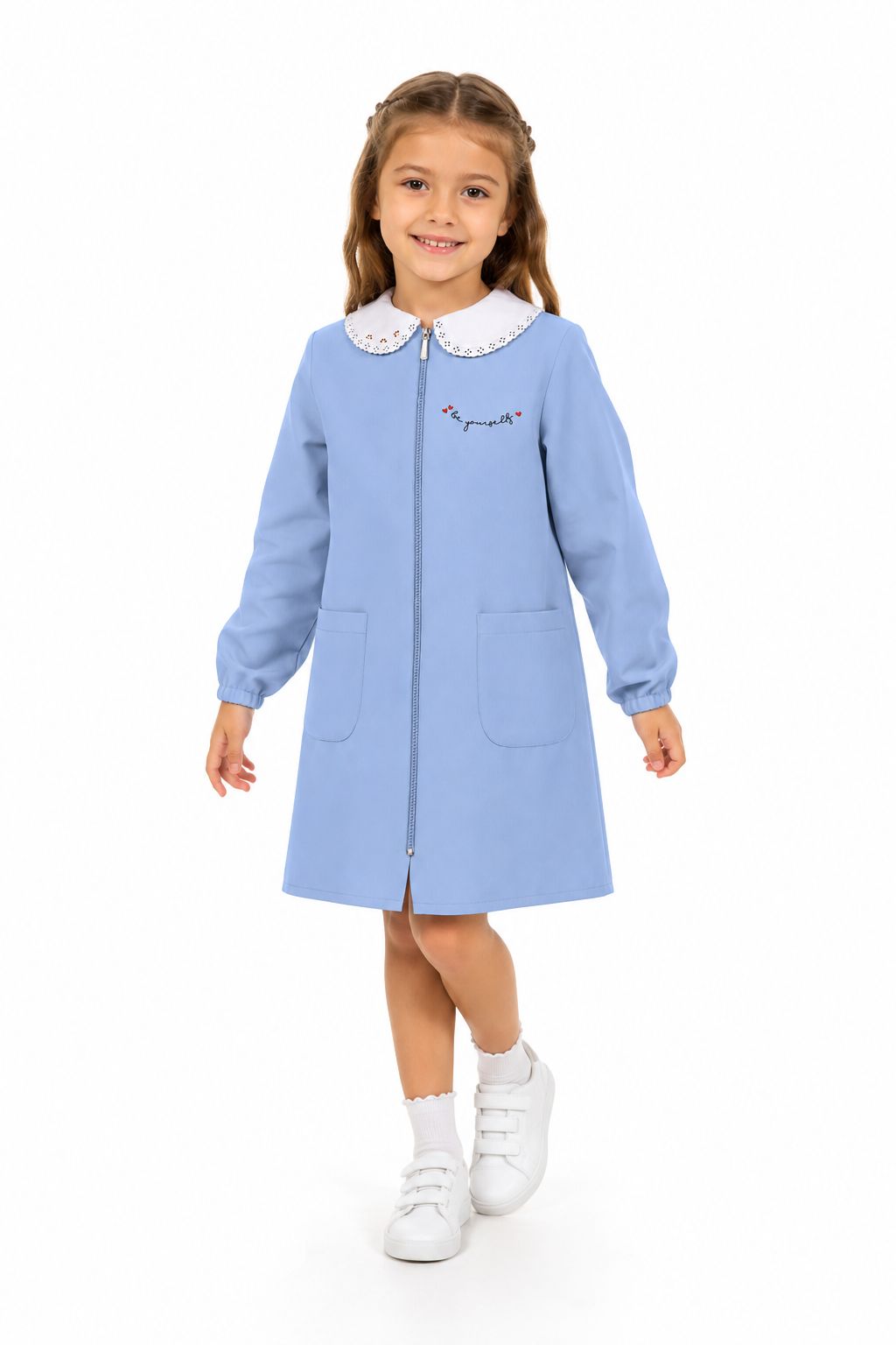 Grembiule scuola elementare celeste bambina con zip Siggi Made in Italy ricamo Be Yourself 4376