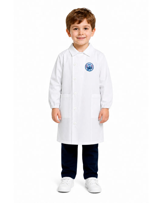 Grembiule bianco asilo bambino con abbottonatura laterale Stitch G307A26