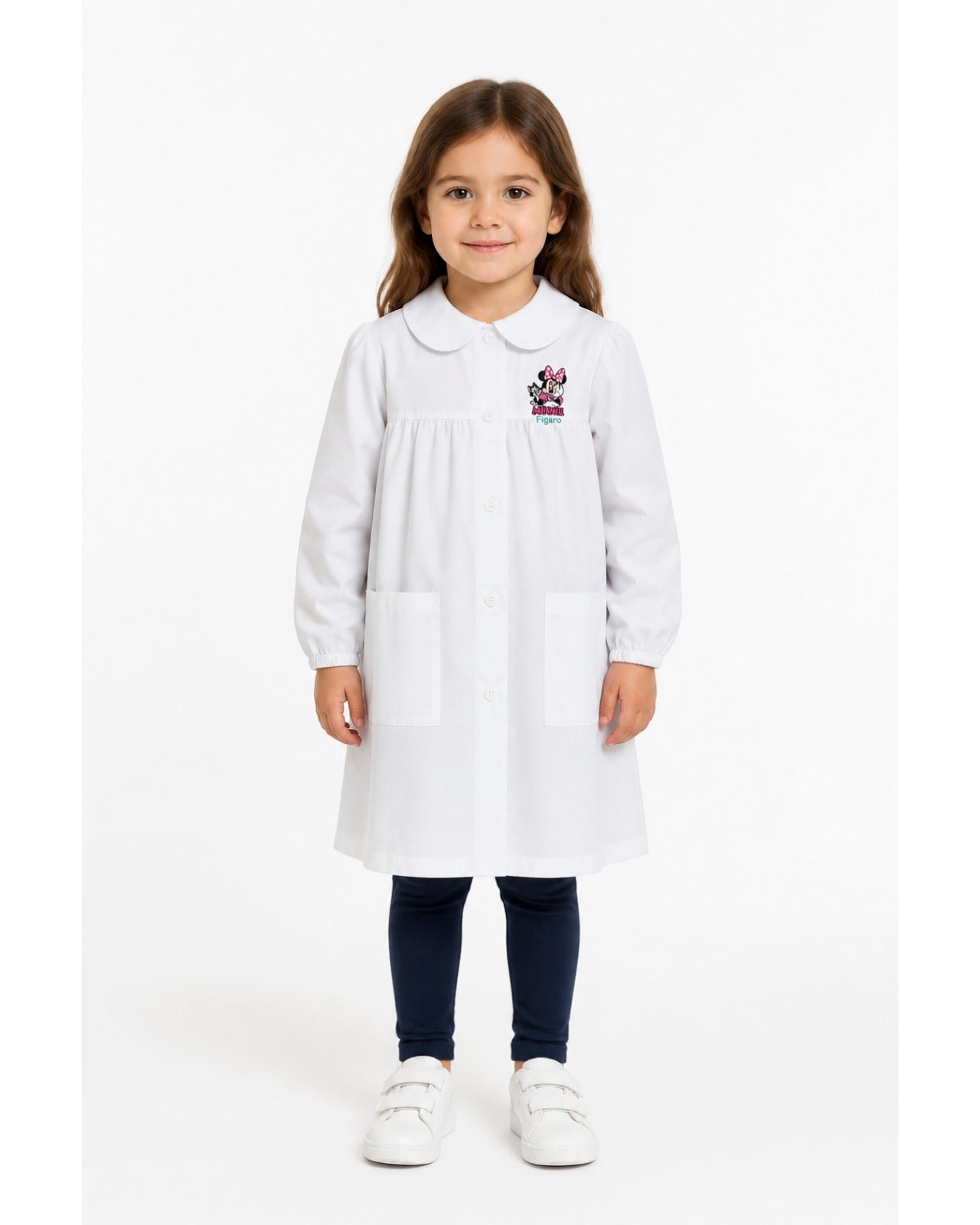 Grembiule asilo bianco bambina made in Italy con abbottonatura centrale Disney ricamo Minnie G102A26