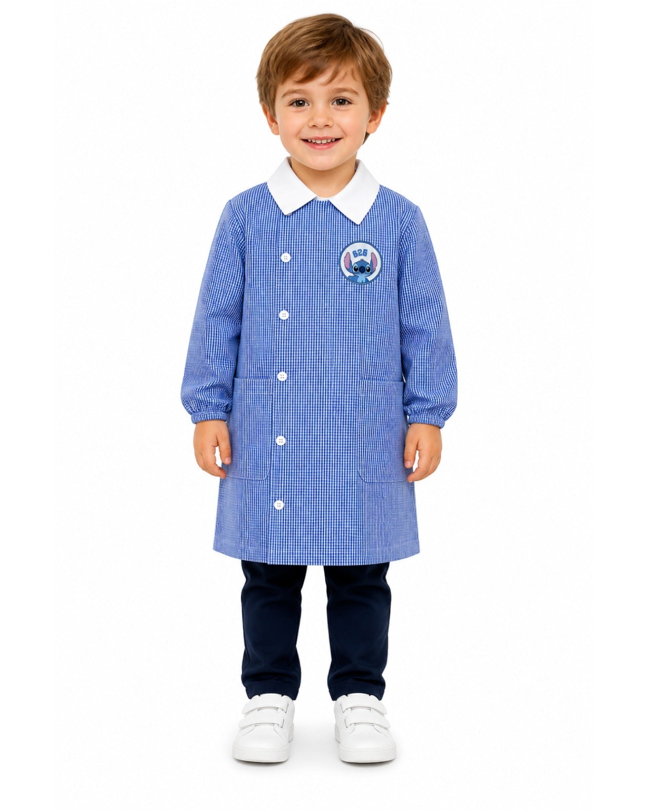 Grembiule quadretti azzurri asilo bambino con abbottonatura laterale Stitch G307A26