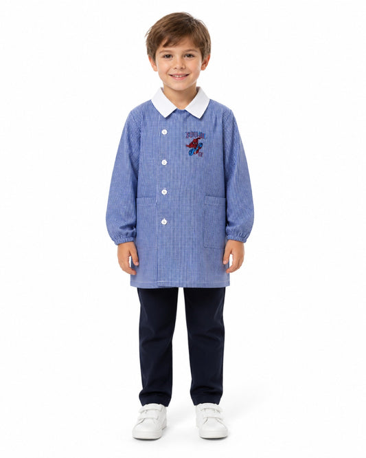 Grembiule quadretti azzurri asilo bambino con abbottonatura laterale Marvel Spiderman G303A26