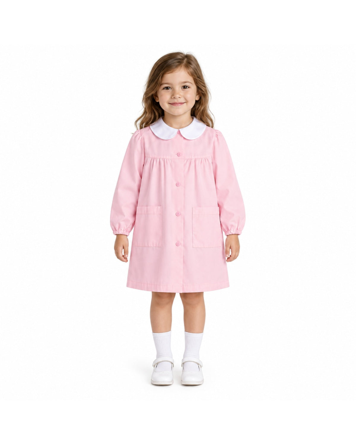 Grembiule asilo bambina con abbottonatura centrale Siggi senza ricamo tinta unita rosa 2887
