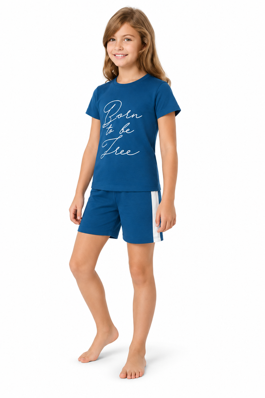 Pigiama cotone Jadea bambina mezza manica shorts - BLU