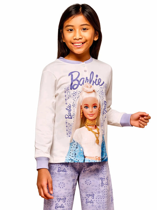 Pigiama cotone felpato Barbie bambina baby MT50L8970, colore panna