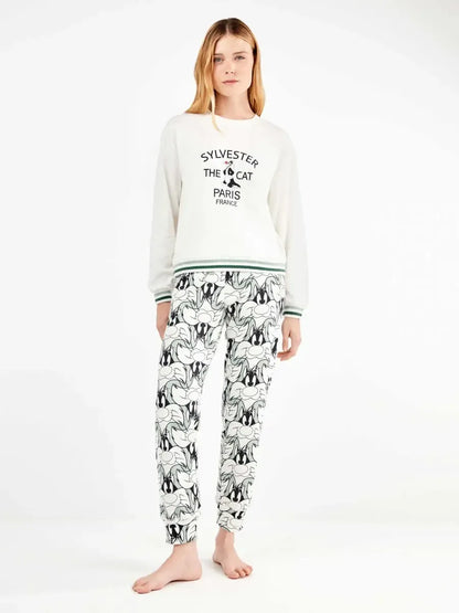 Pigiama donna Gisela girocollo in caldo cotone Silvestro Looney Tunes 20345