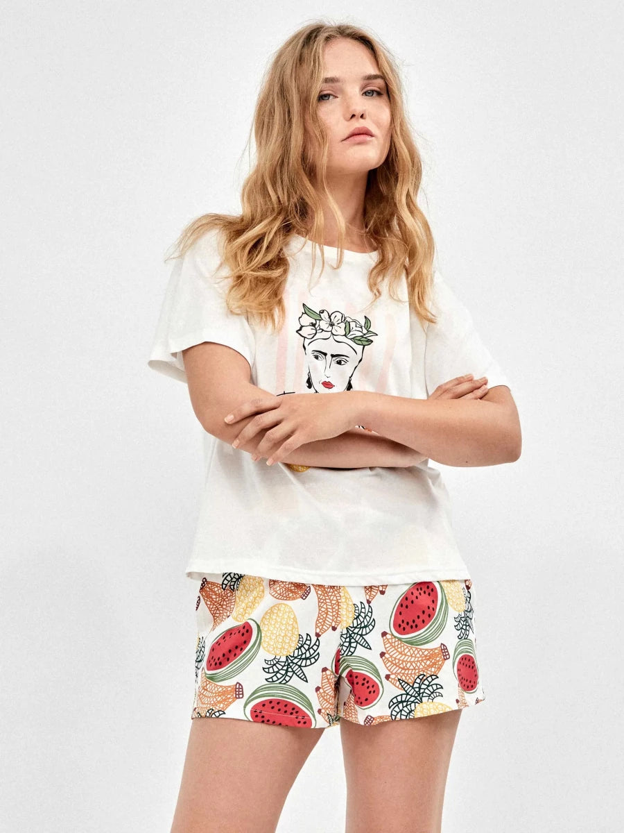 Pigiama mezza manica shorts donna in puro cotone Frida Kahlo Gisela 20414