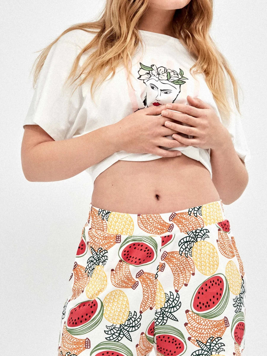 Pigiama mezza manica shorts donna in puro cotone Frida Kahlo Gisela 20414