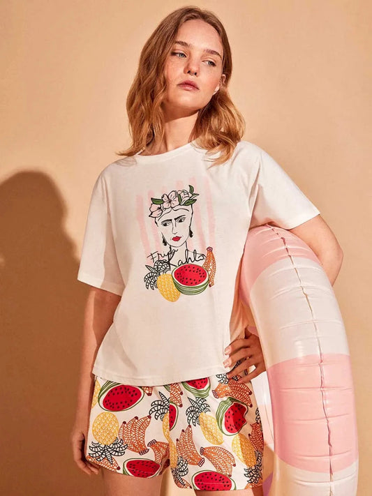Pigiama mezza manica shorts donna in puro cotone Frida Kahlo Gisela 20414