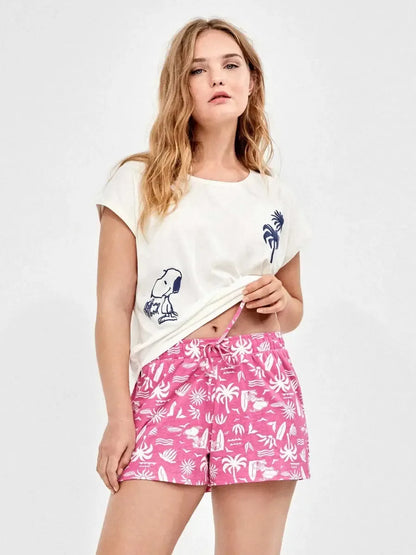 Pigiama mezza manica shorts donna in puro cotone Snoopy Peanuts Gisela 20407