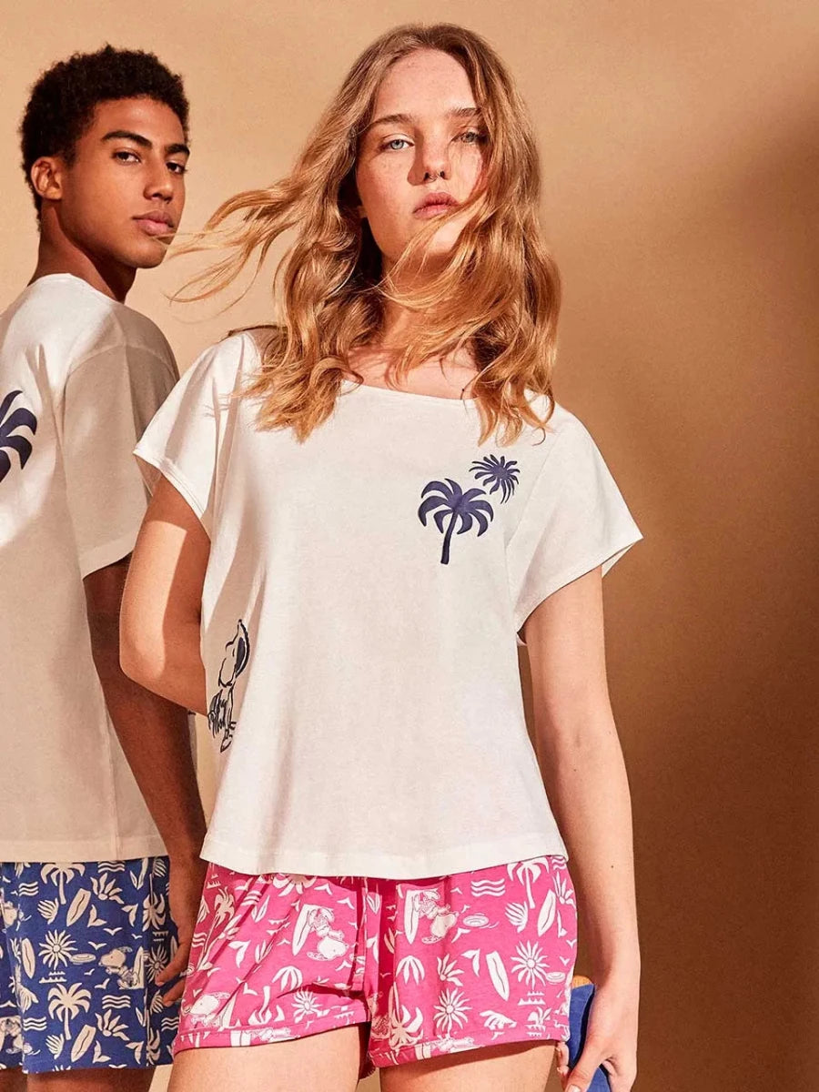 Pigiama mezza manica shorts donna in puro cotone Snoopy Peanuts Gisela 20407