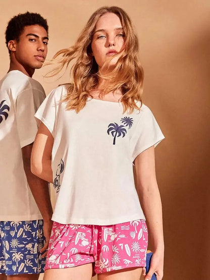 Pigiama mezza manica shorts donna in puro cotone Snoopy Peanuts Gisela 20407