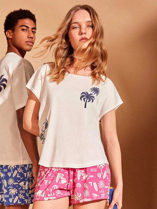 Pigiama mezza manica shorts donna in puro cotone Snoopy Peanuts Gisela 20407