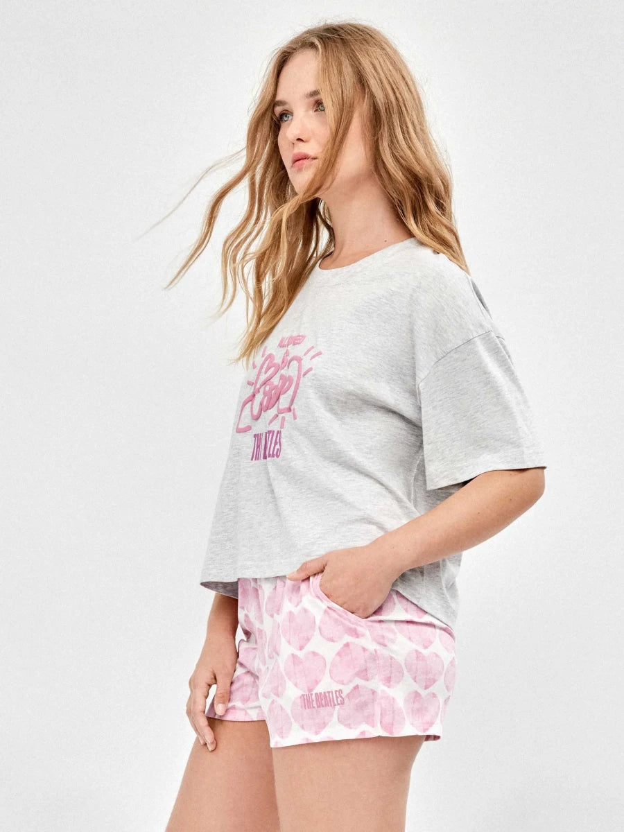 Pigiama mezza manica shorts donna in puro cotone The Beatles Gisela 20412