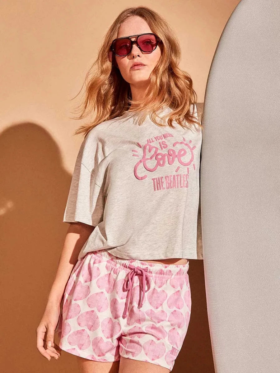 Pigiama mezza manica shorts donna in puro cotone The Beatles Gisela 20412